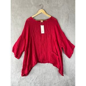 NEW Carmella Pink Red Linen 1/3 Shirt One Size Blouse Boho Lagenlook Relaxed Top